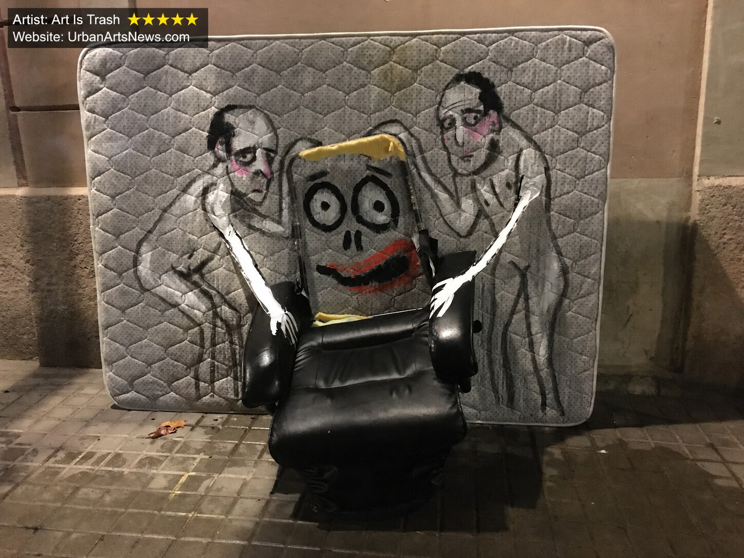 Art Is Trash Barcelona urban art: A discarded mattress and office chair transformed into street art by Art Is Trash in Barcelona.