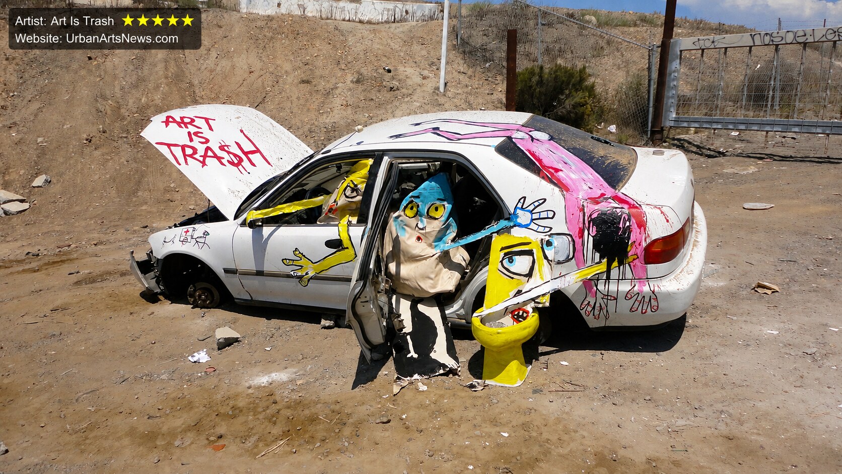Art Is Trash Barcelona urban art: An abandoned car transformed into an ephemeral urban art intervention by Art Is Trash in Barcelona.