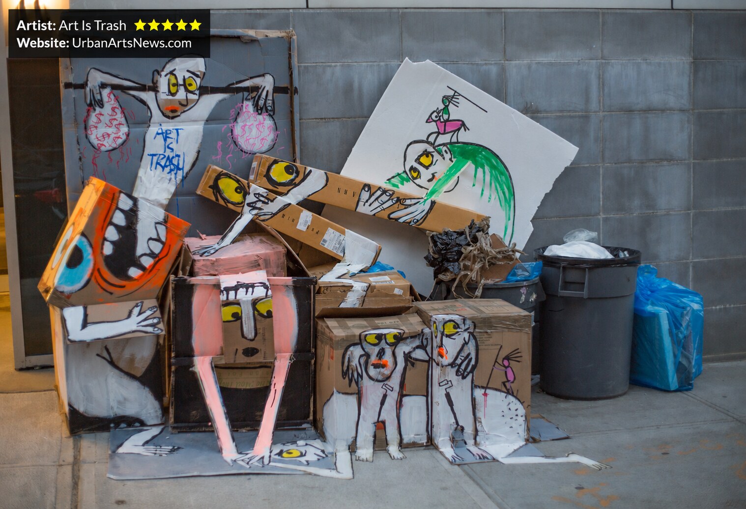 Art Is Trash Barcelona urban art: Discarded objects turned into a vivid temporary street art composition by Art Is Trash in Barcelona.