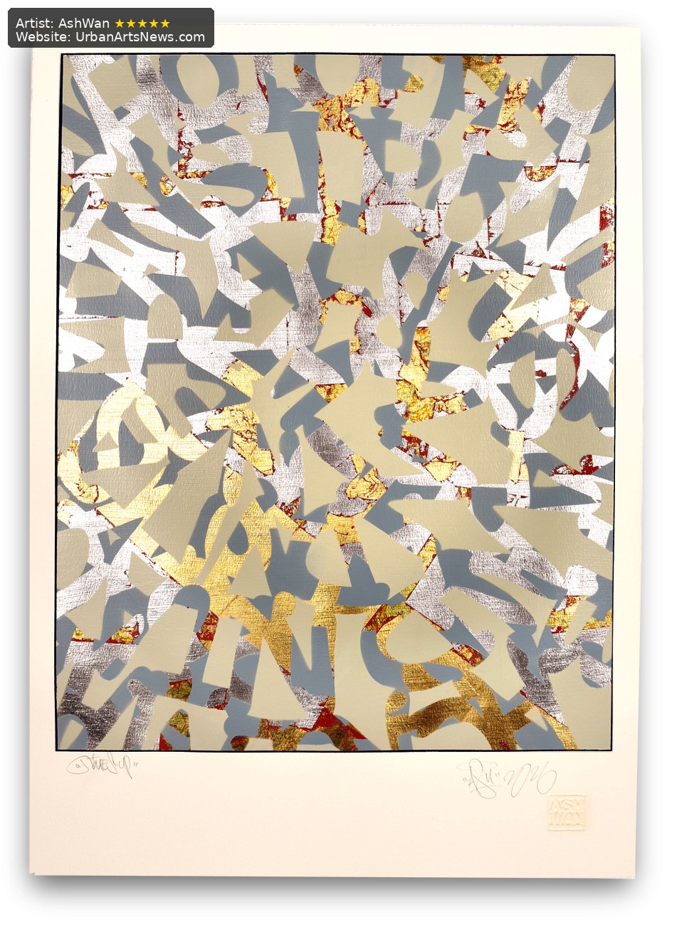 A layered AshWan composition combining fragmented grey lettering, gold details and traces of red.