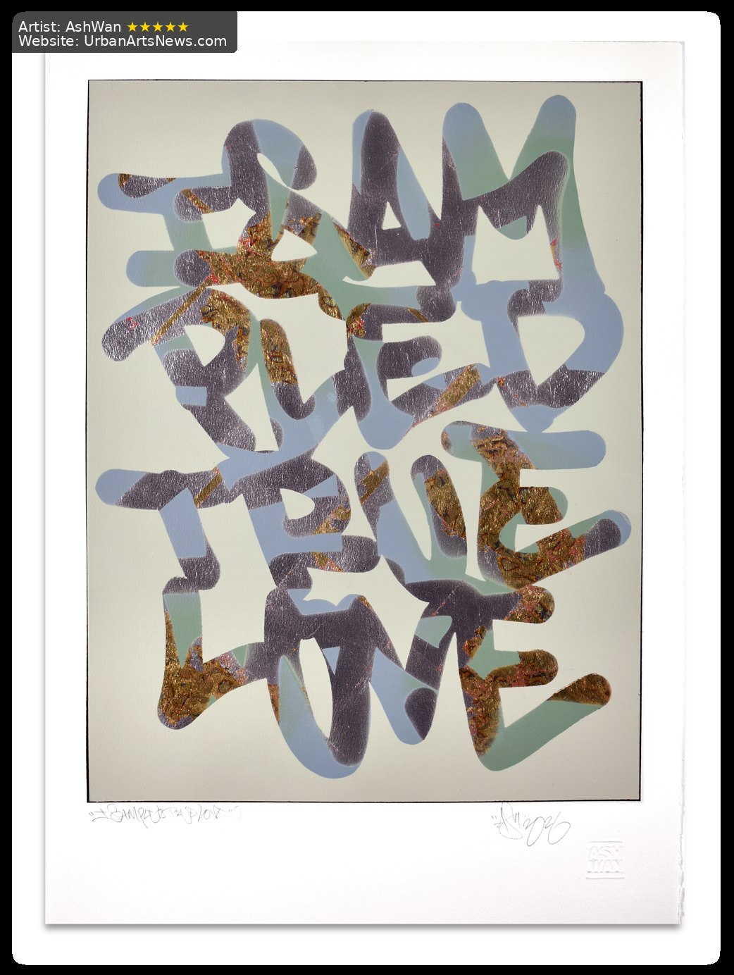A framed typographic artwork by AshWan combining flowing purple forms with distressed gold texture.