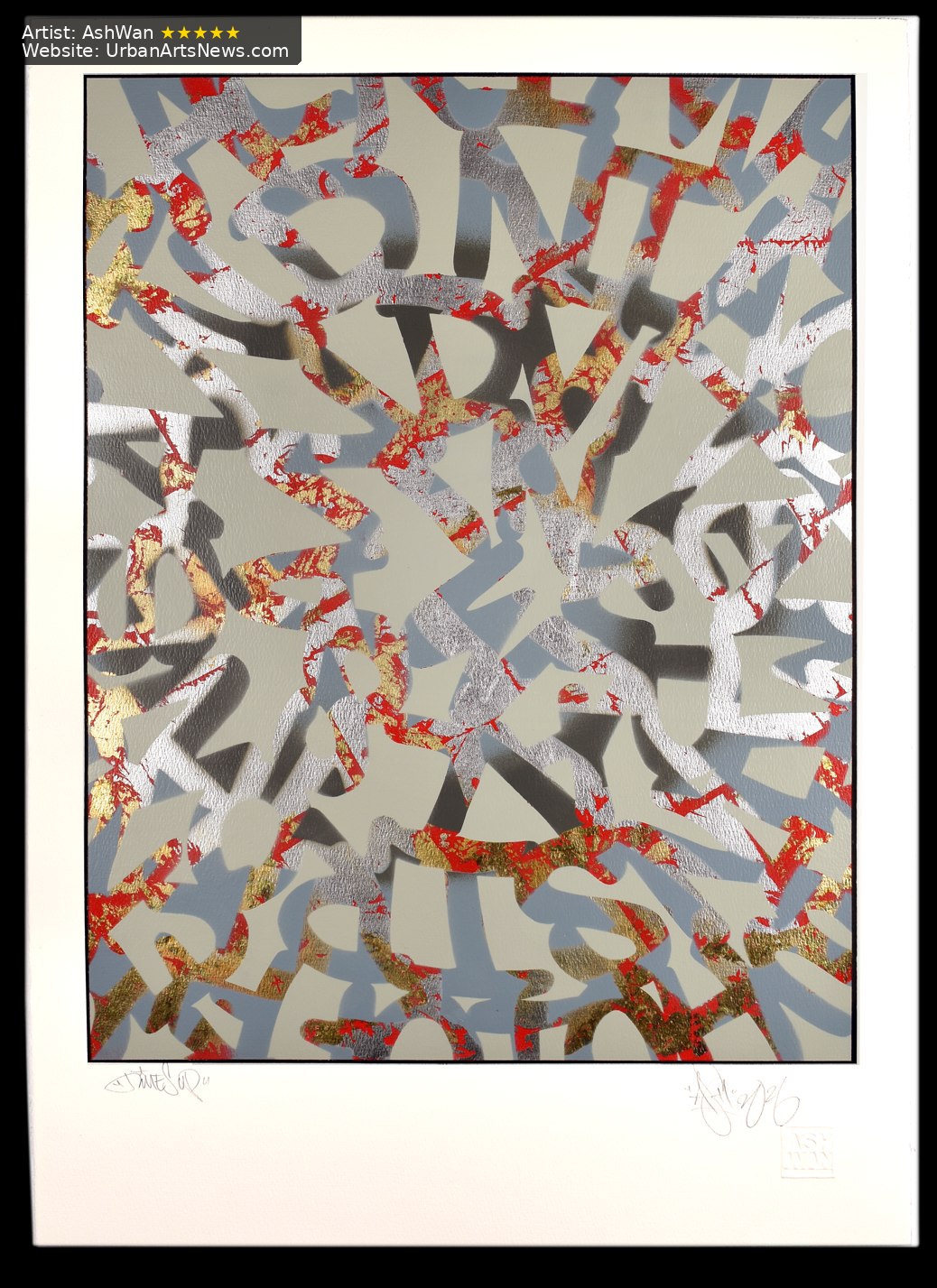 A framed AshWan artwork built from fragmented grey letterforms, red marks and layered urban textures.