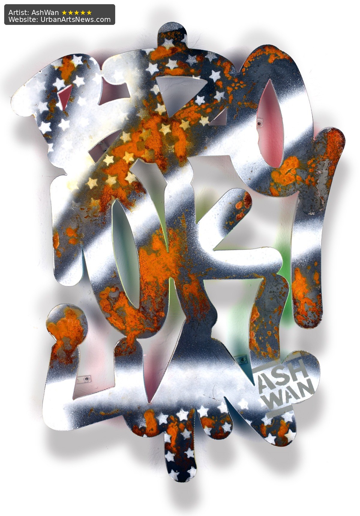 A sculptural AshWan letter work with metallic silver, rust-orange texture and dark graphic accents.
