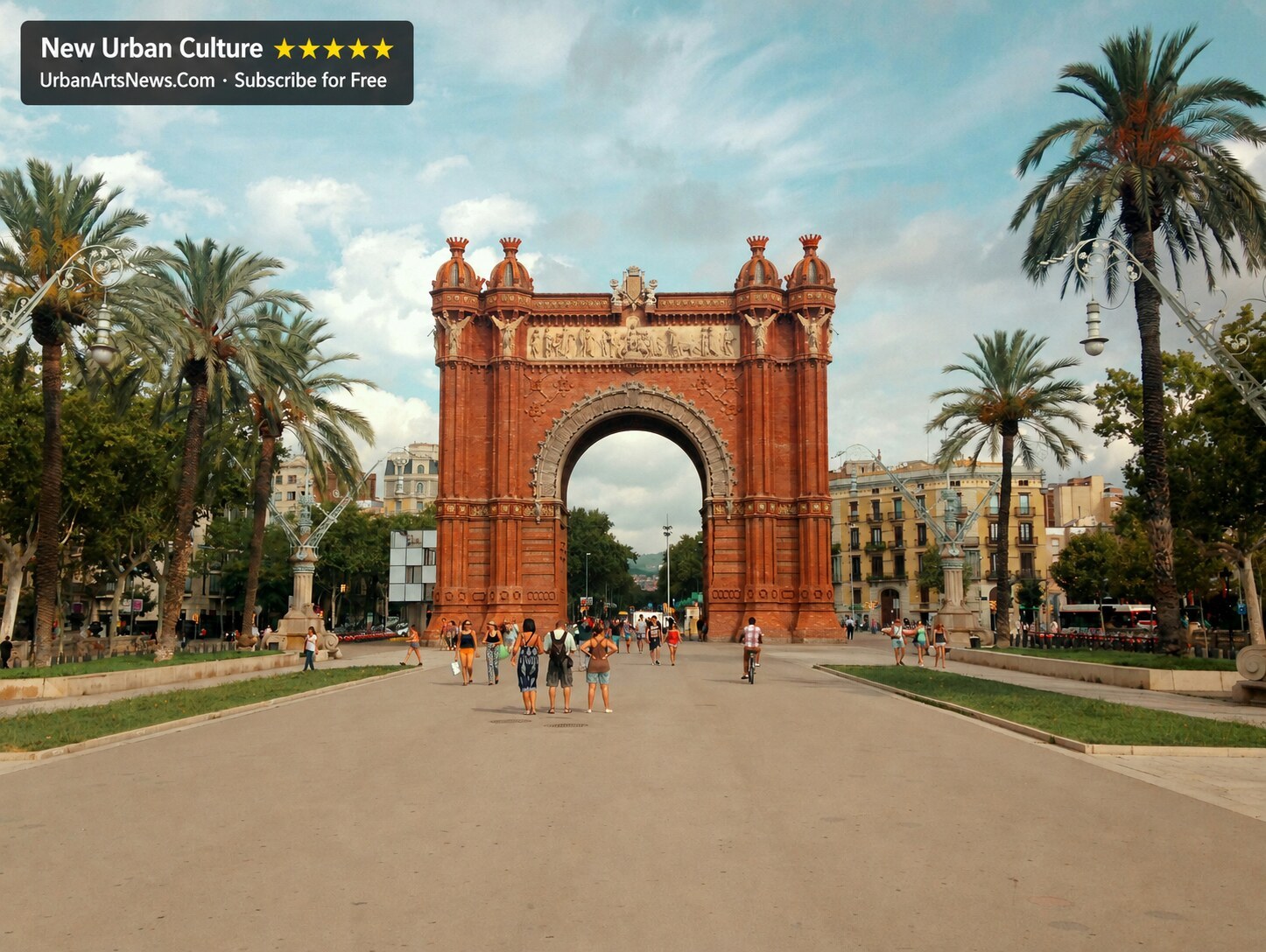 Arc de Triomf in Barcelona with pedestrians, palms and Urban Arts News branding