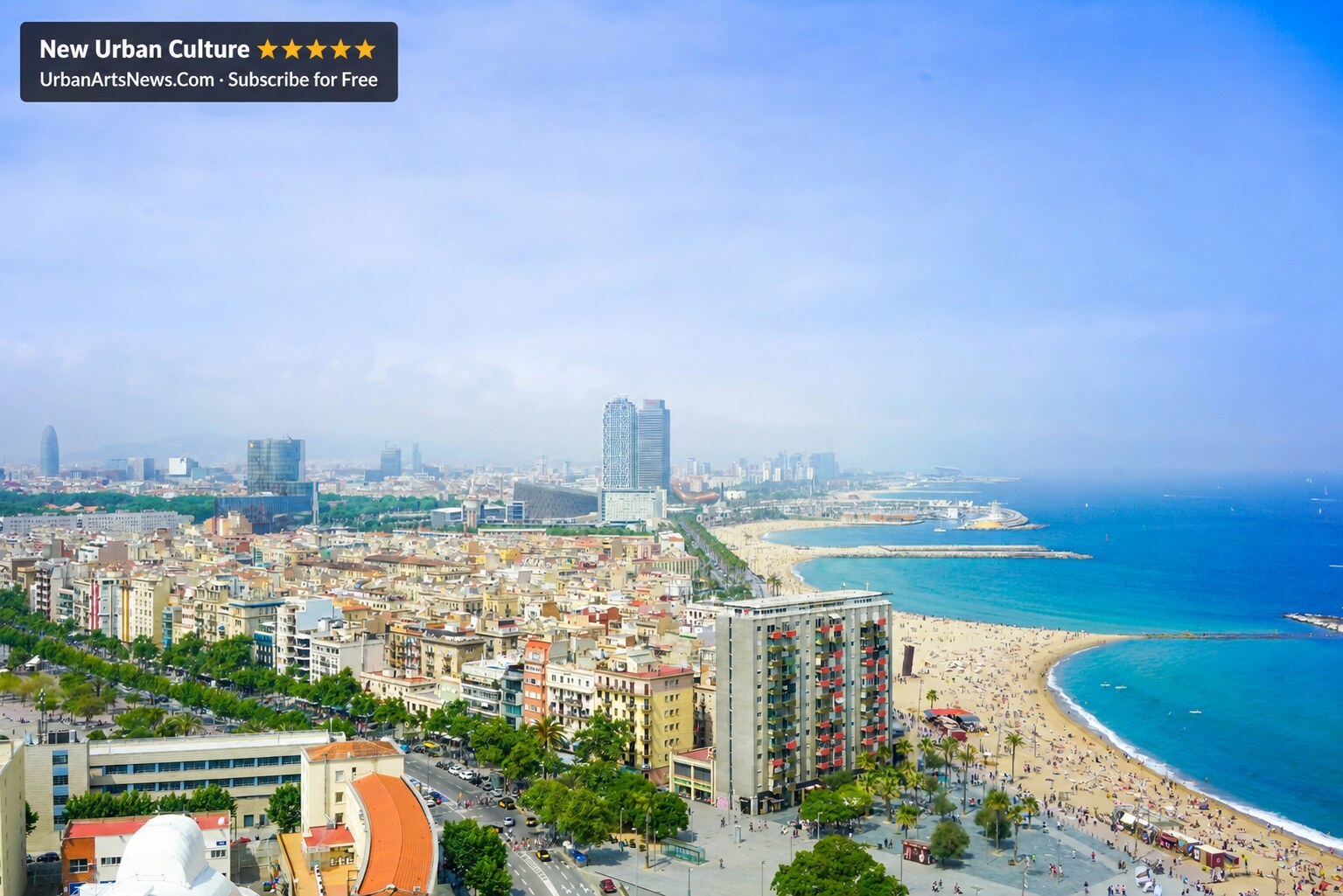 Barcelona beaches and Mediterranean coastline with Urban Arts News branding
