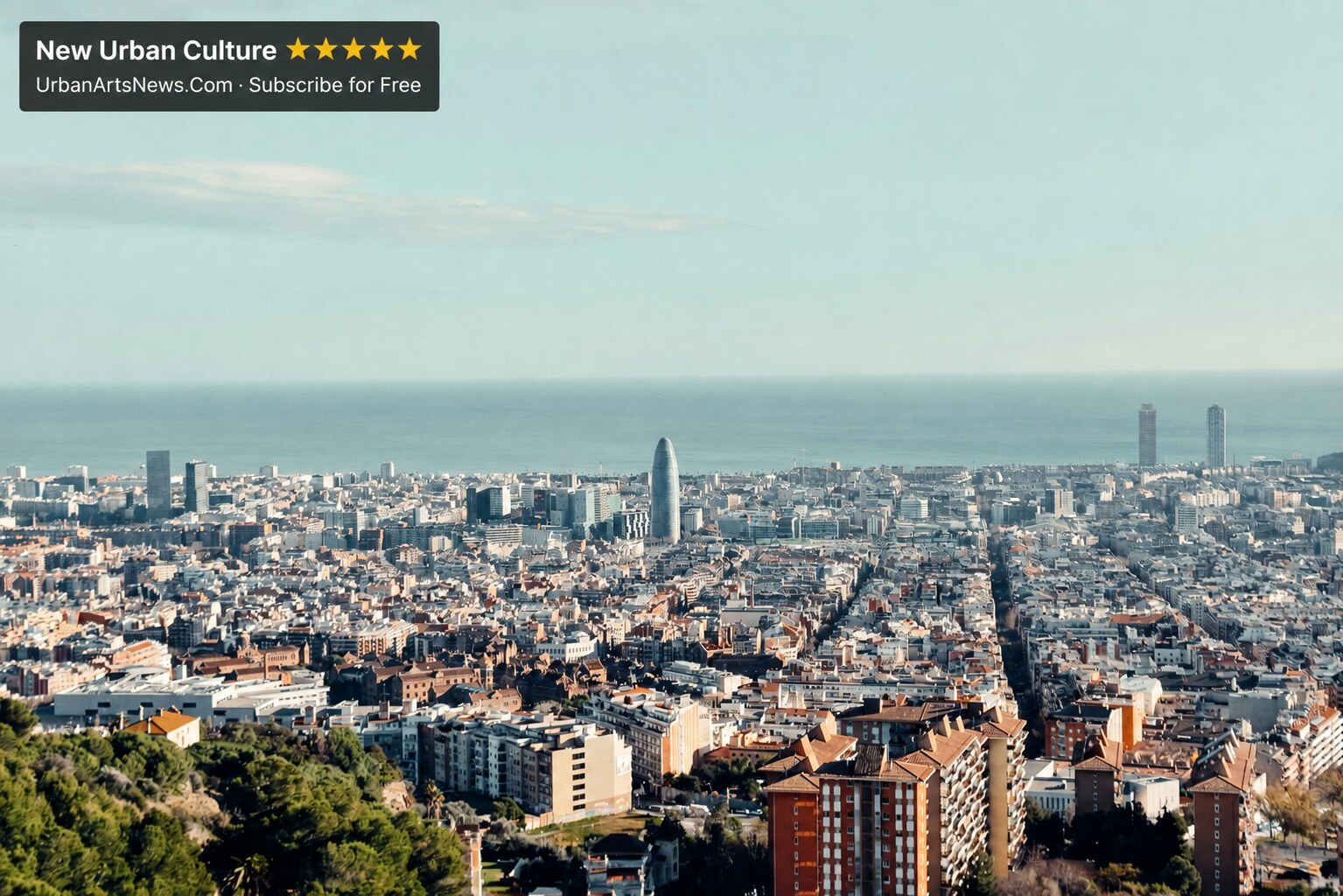 Barcelona coastline and Torre Glòries panorama with Urban Arts News branding
