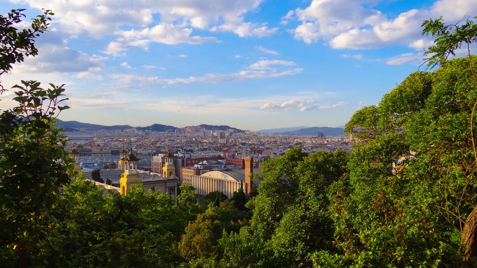 Panoramic Barcelona cityscape and hills from above