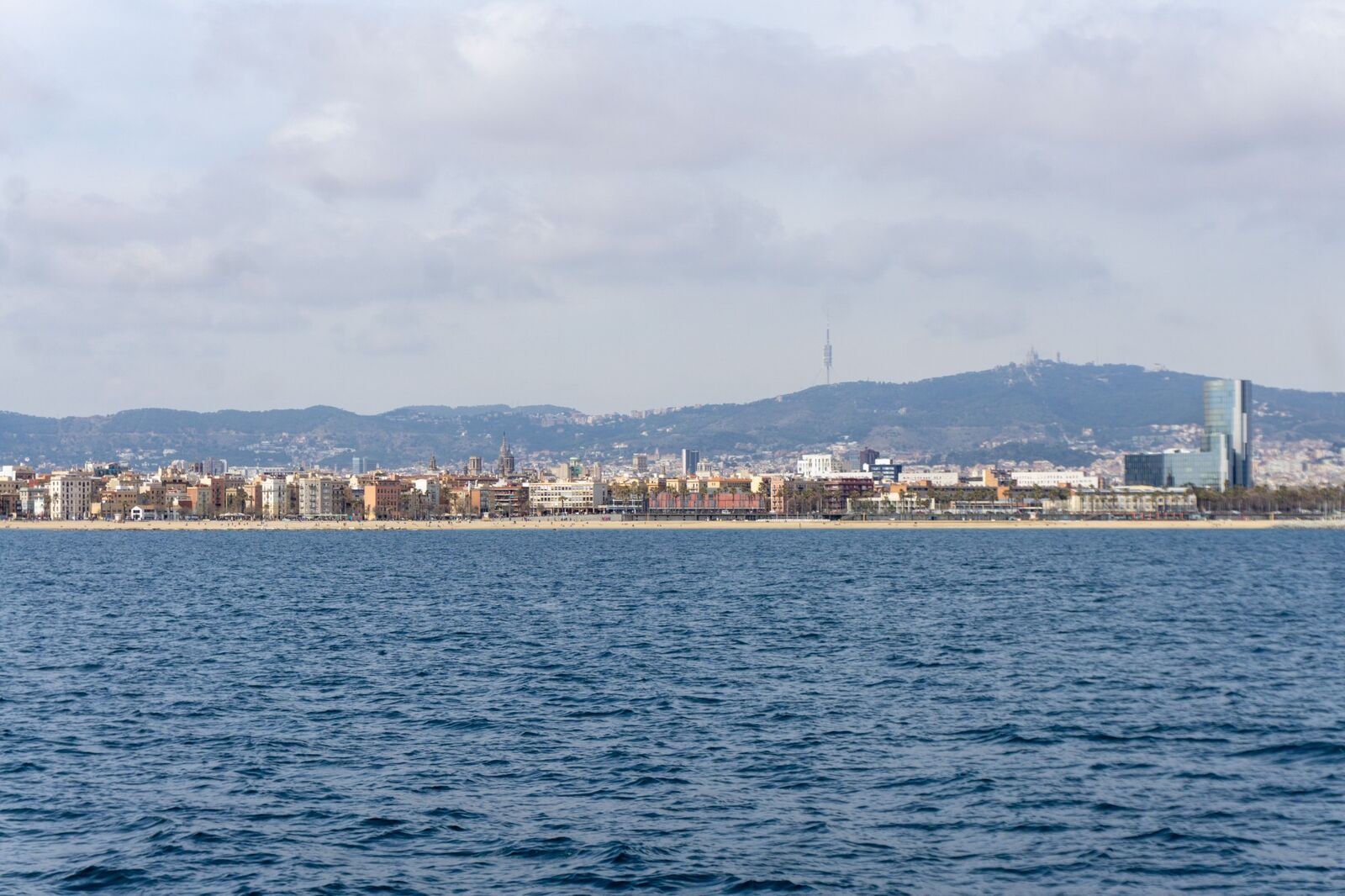 Barcelona waterfront skyline viewed from the Mediterranean Sea