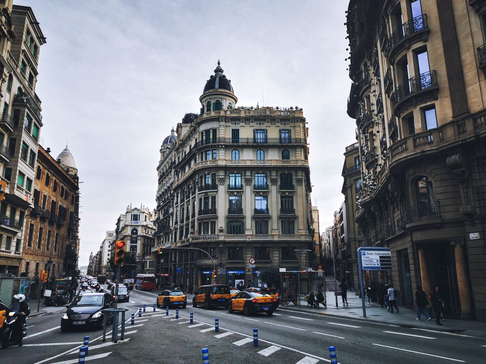 Historic buildings along a central Barcelona city street
