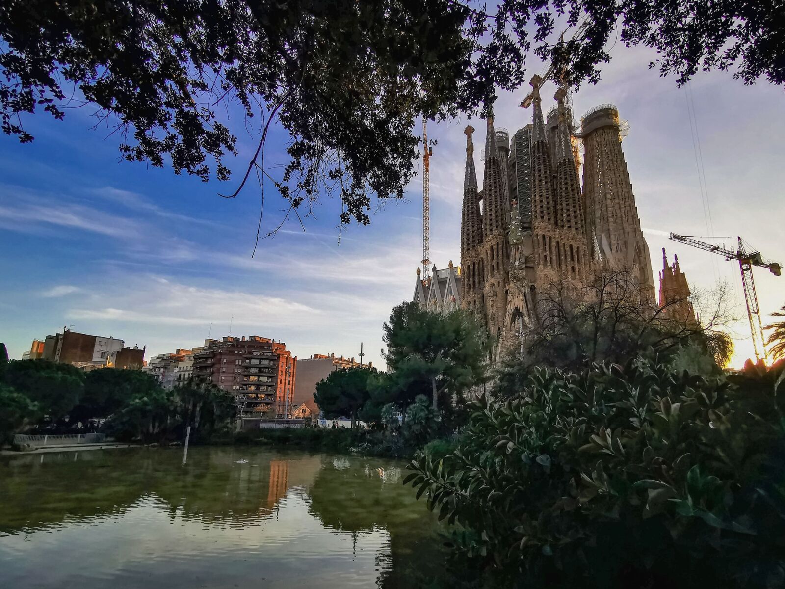Sagrada Família viewed across a park and pond in Barcelona