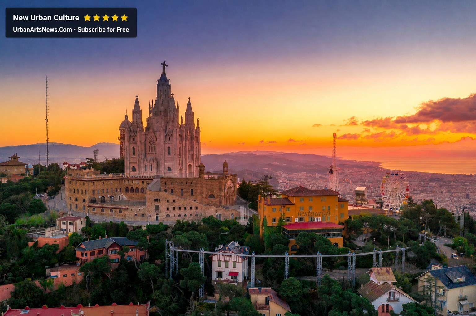 Tibidabo church and Barcelona at sunset with Urban Arts News branding