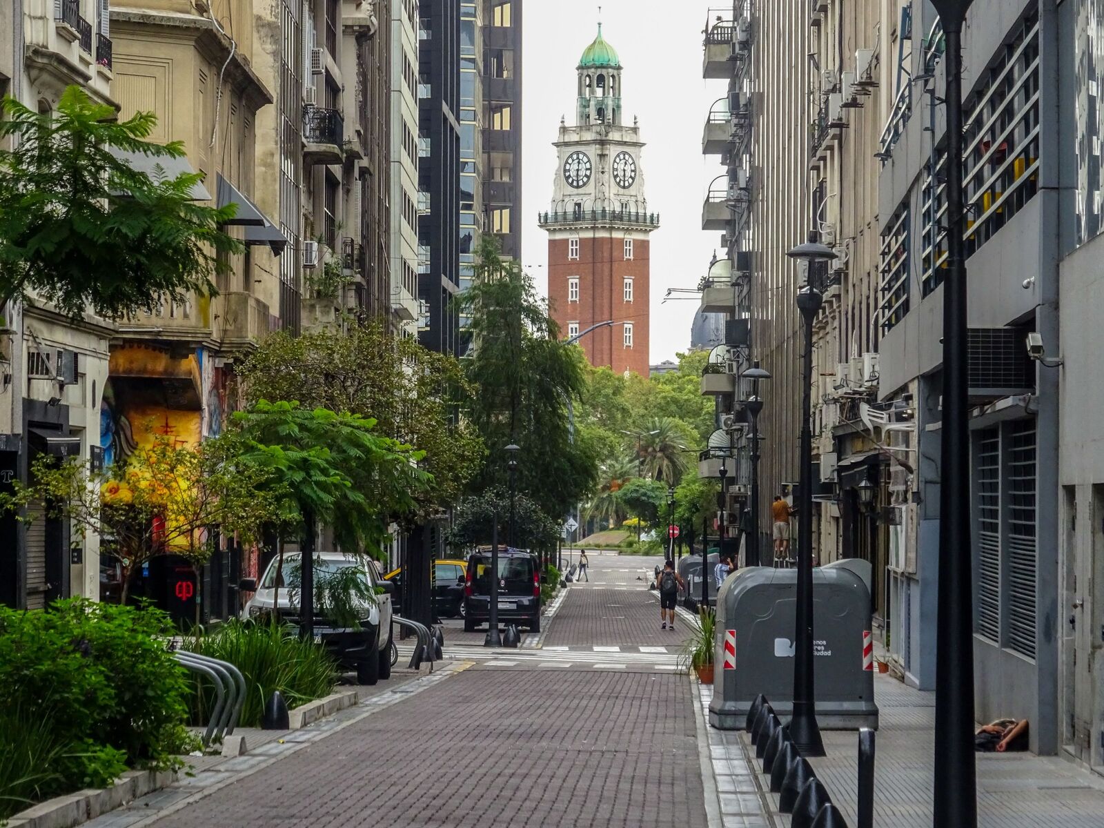 Historic green-domed tower along a street in Buenos Aires
