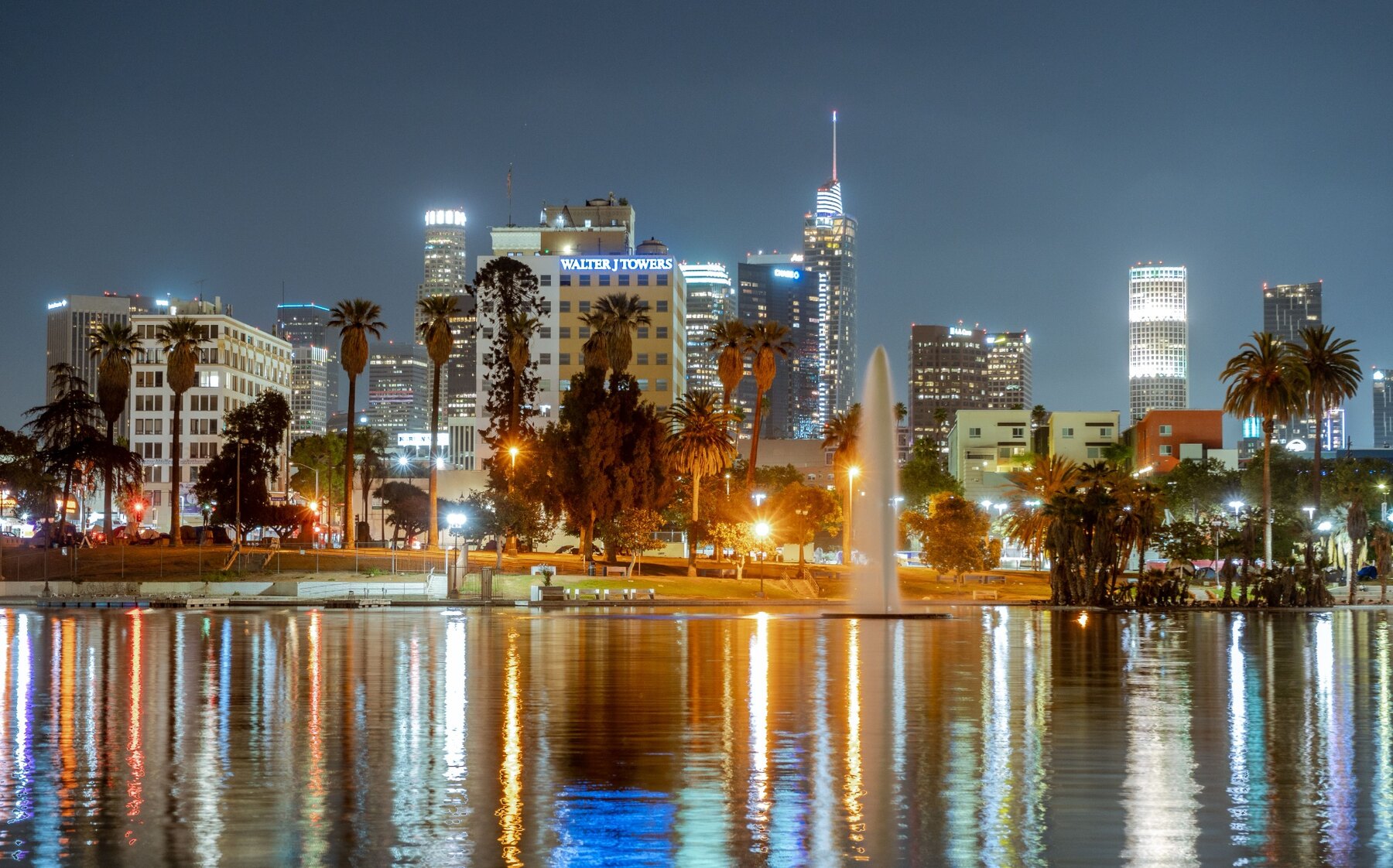 Downtown Los Angeles skyline and reflections at night