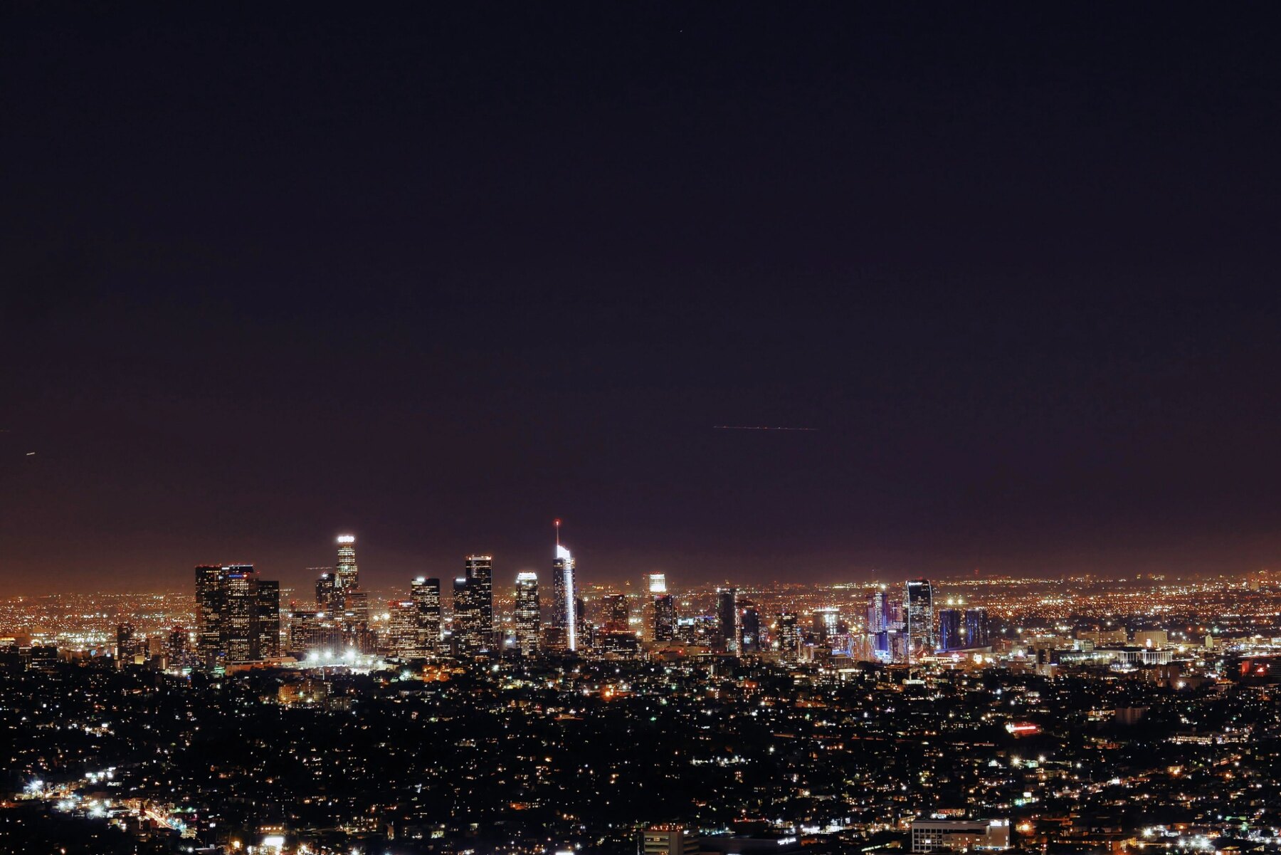 Downtown Los Angeles skyline illuminated at night