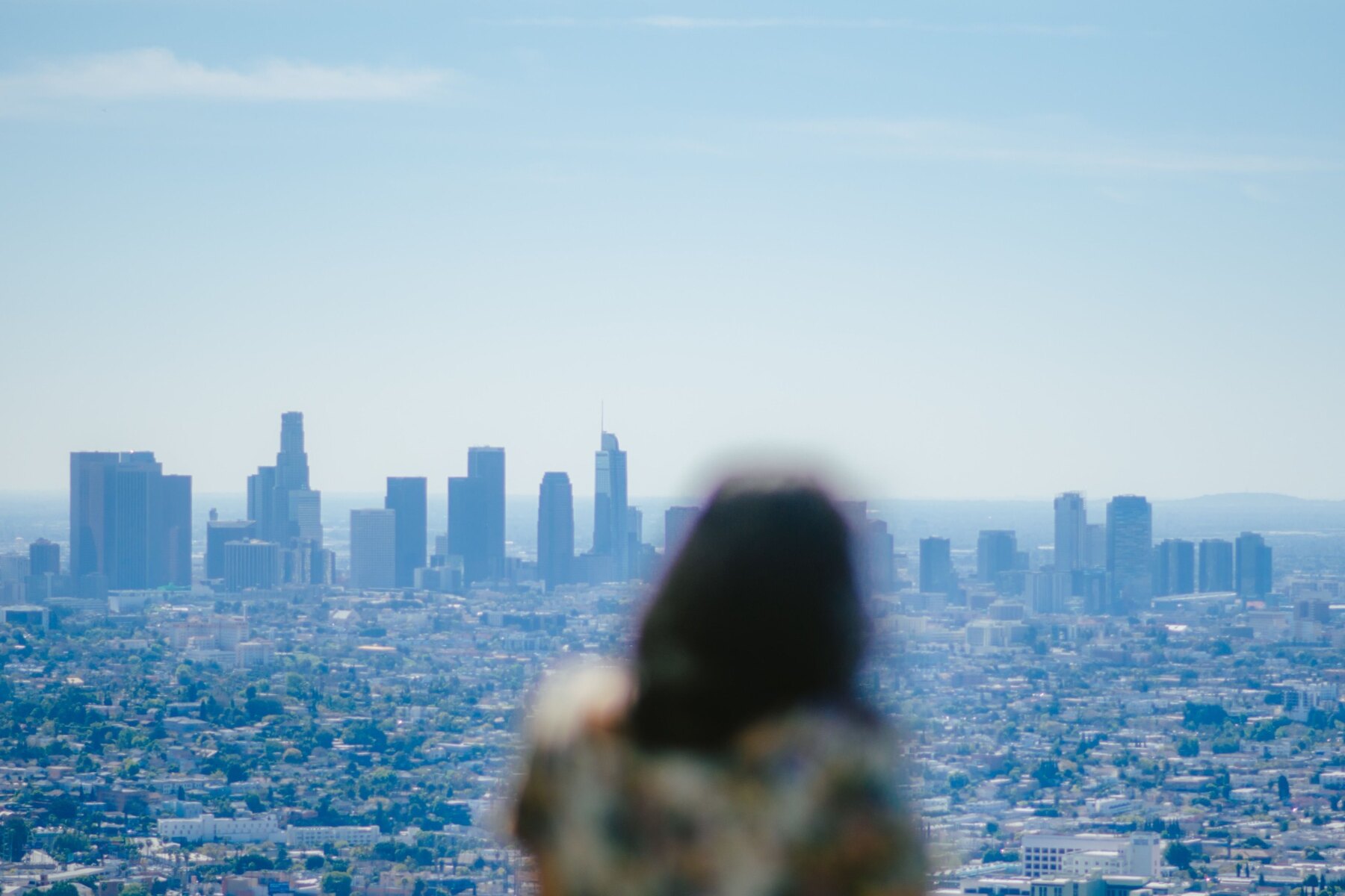 Person viewing the Downtown Los Angeles skyline from an overlook