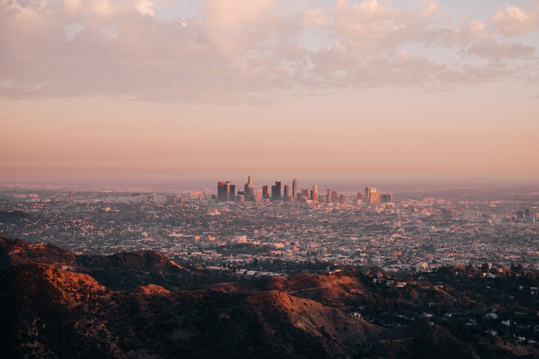 Los Angeles skyline and city at sunset